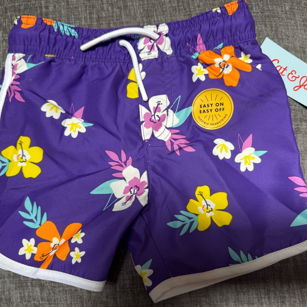 NWT 2T Little girls shorts or swim shorts Purple Floral Design CAT & JACK NEW